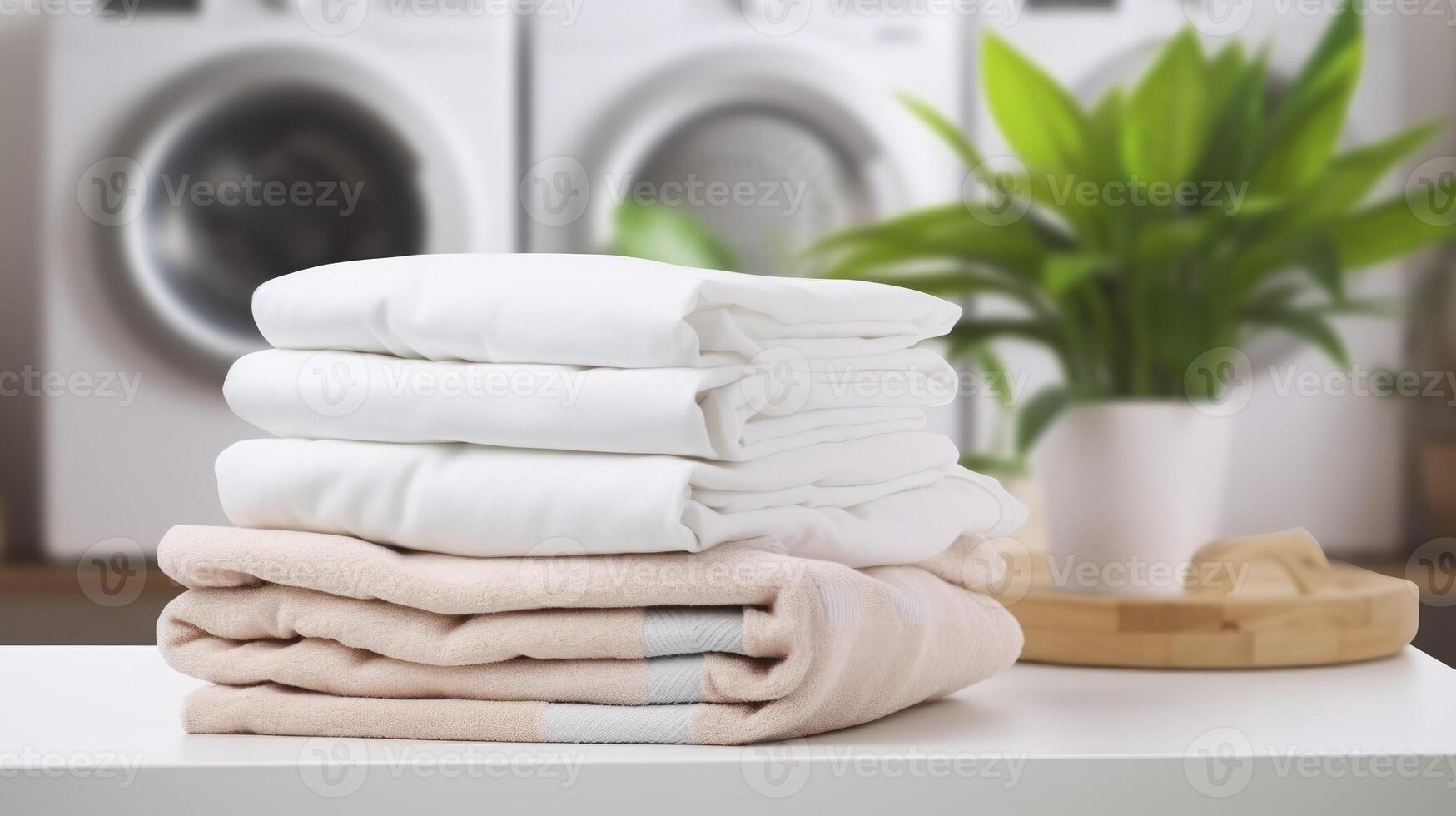 AI generated Perfectly Folded Bedding Sheets, Serenely Positioned in a Blurred Laundry Room Setting photo