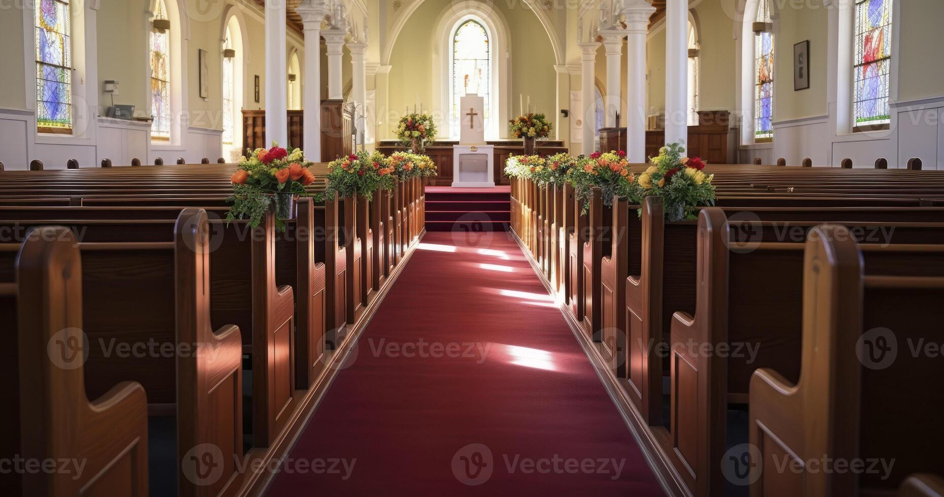 AI generated The Serene Interior of a Religious Chapel Prepared for a Solemn Funeral Service photo