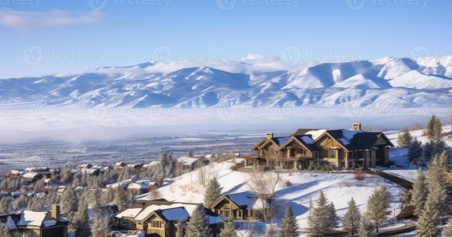 AI generated An Aerial Perspective of Snowy Mountain Homes with Breathtaking Valley Views. The scenic landscape is blanketed with snow on a snowy winter day photo