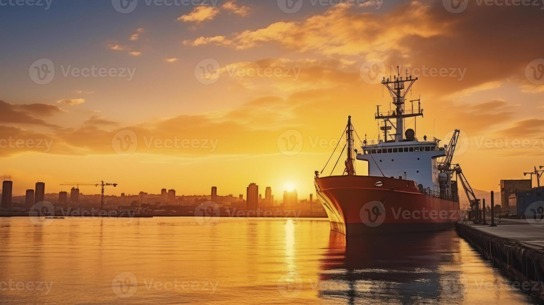 AI generated Sun is going down against beautiful sky at the dock with mooring vessel. Cargo ship in the harbor at commercial port at sunset time photo