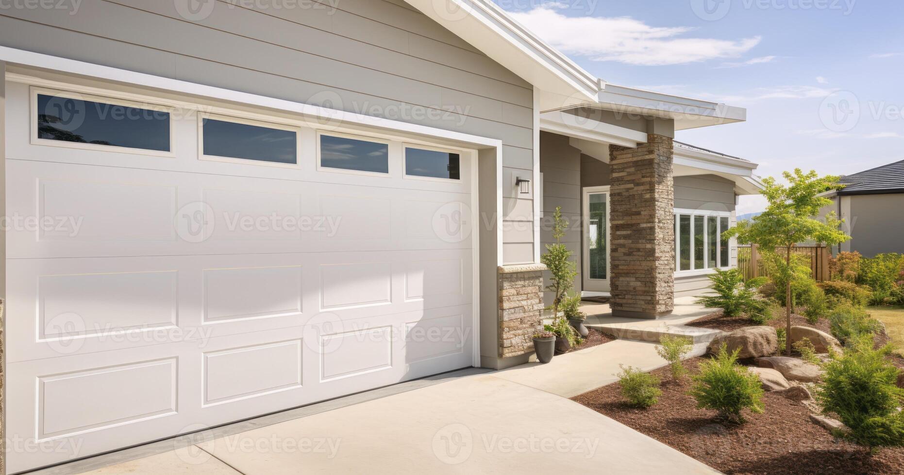 AI generated A Modern Home's Garage and Driveway Bathed in Sunshine on a Clear Day photo
