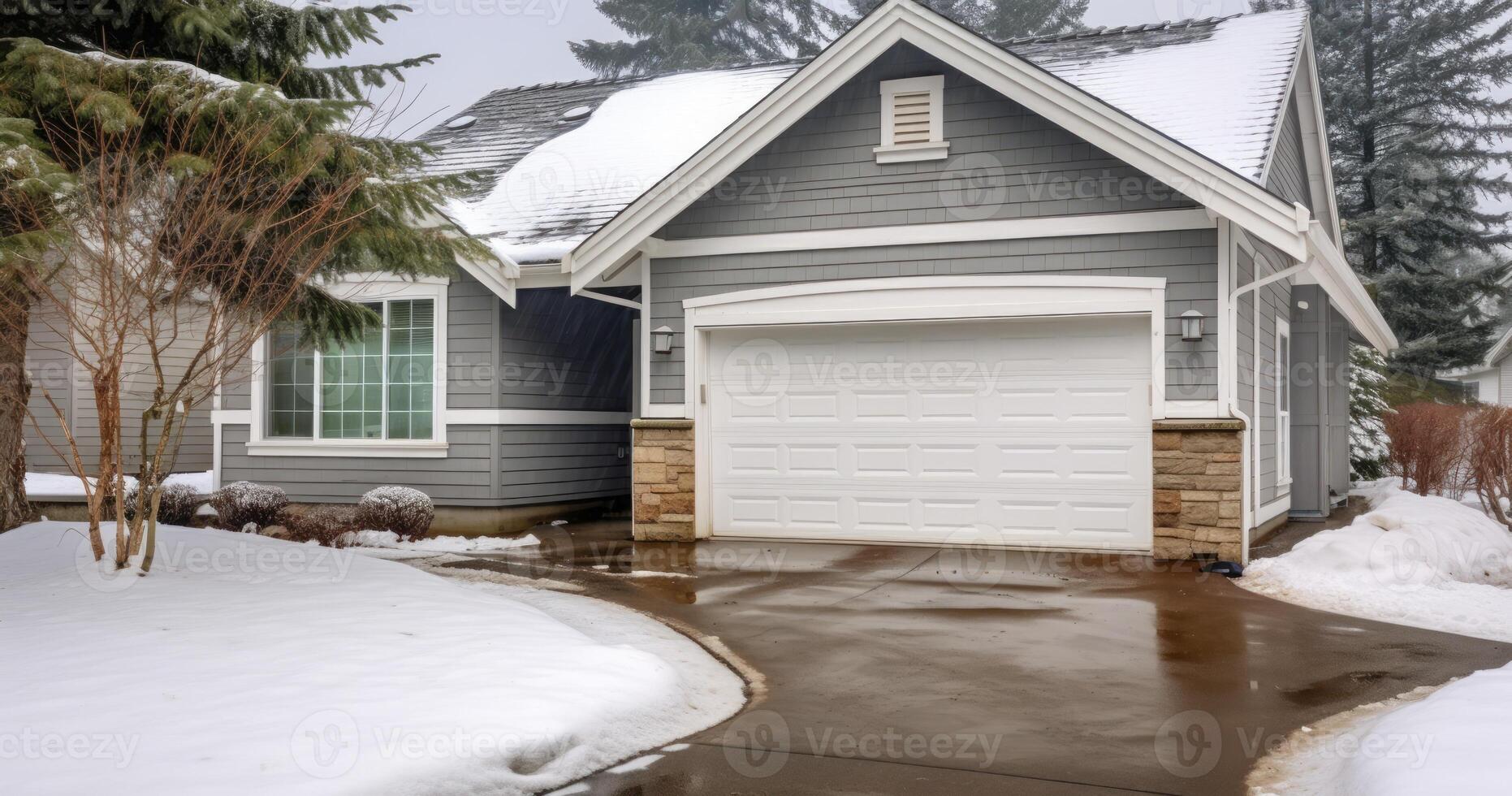 AI generated White garage door entrance of home with snow covered roof and yard in winter photo