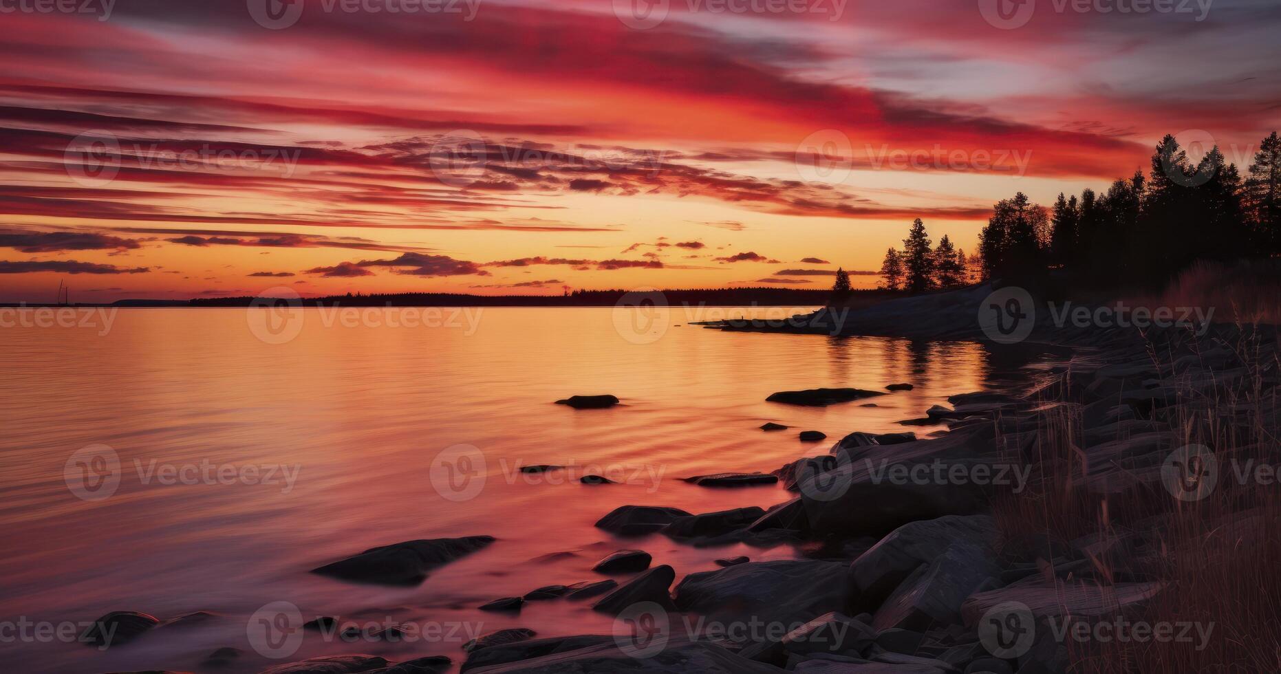 AI generated A Vivid Crimson Sunset Illuminating the Gulf's Serene Horizon photo