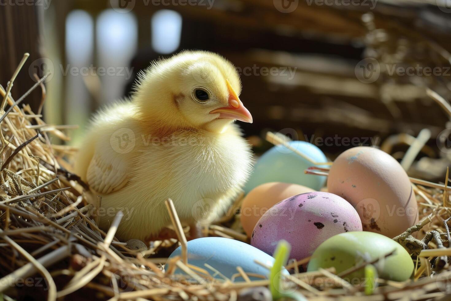 ai generado un linda amarillo polluelo se sienta cómodamente en un nido rodeado por Pascua de Resurrección huevos, encarnando el esencia de el alegre día festivo. foto