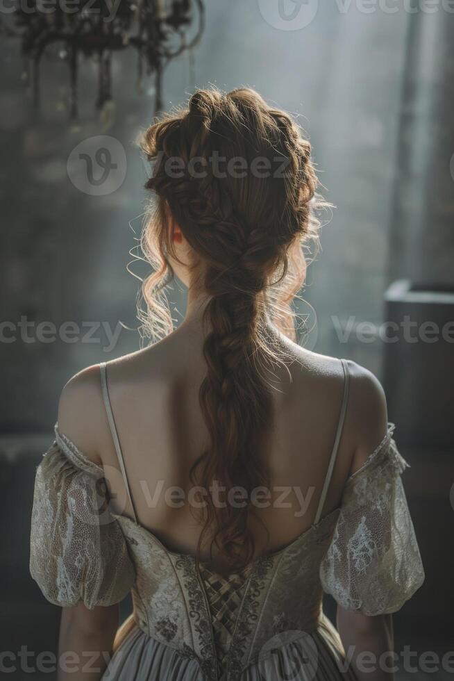 AI Generated Elegant woman, viewed from behind, dons a timeless antique dress and intricate jewelry, creating a captivating scene for a book cover photo