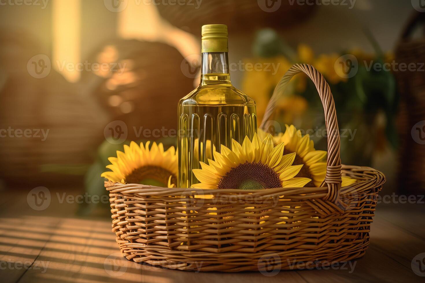 AI generated Bottle sunflower oil in wicker basket bright indoor shot. Generate ai photo