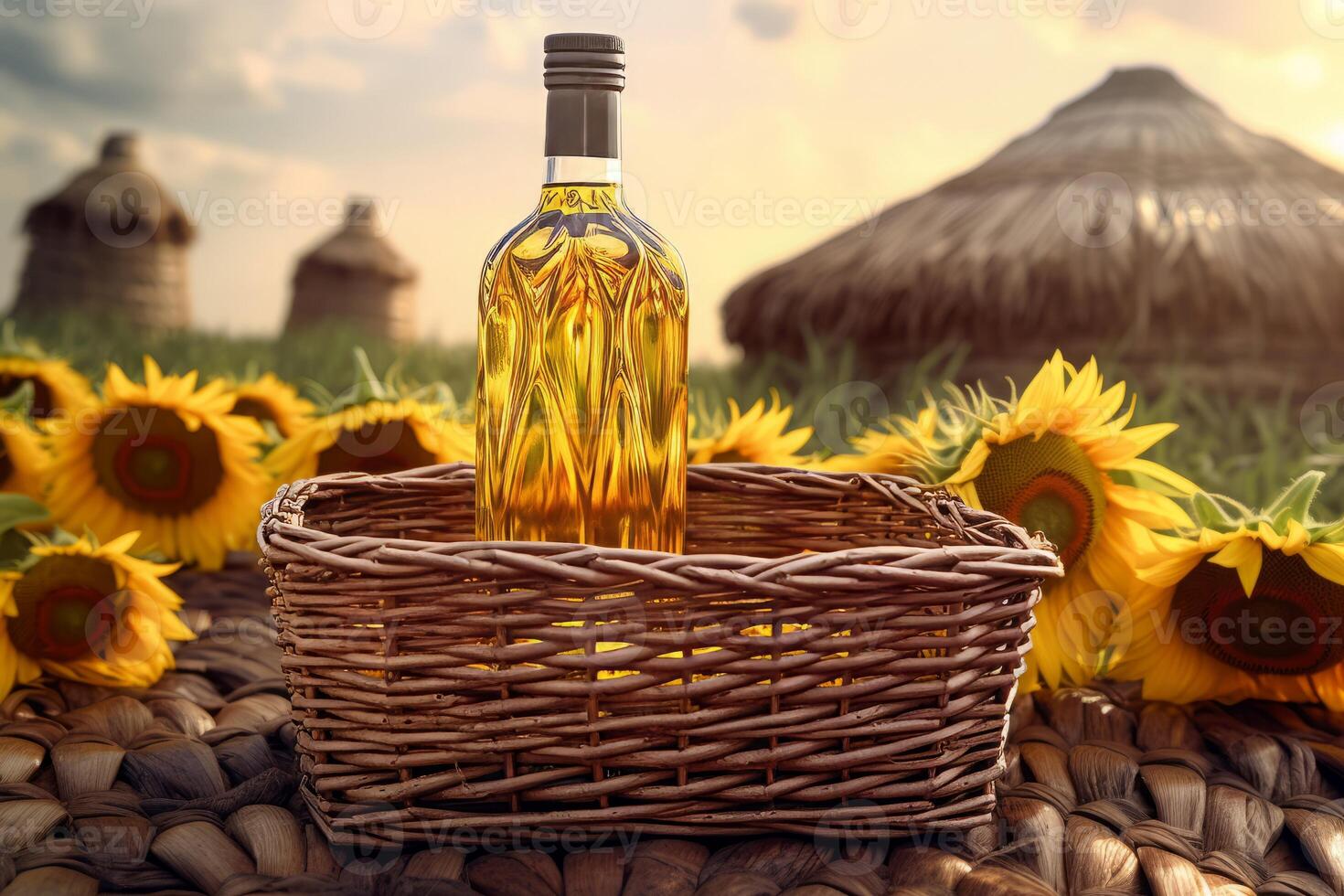 AI generated Bottle sunflower oil in wicker basket. Generate ai photo