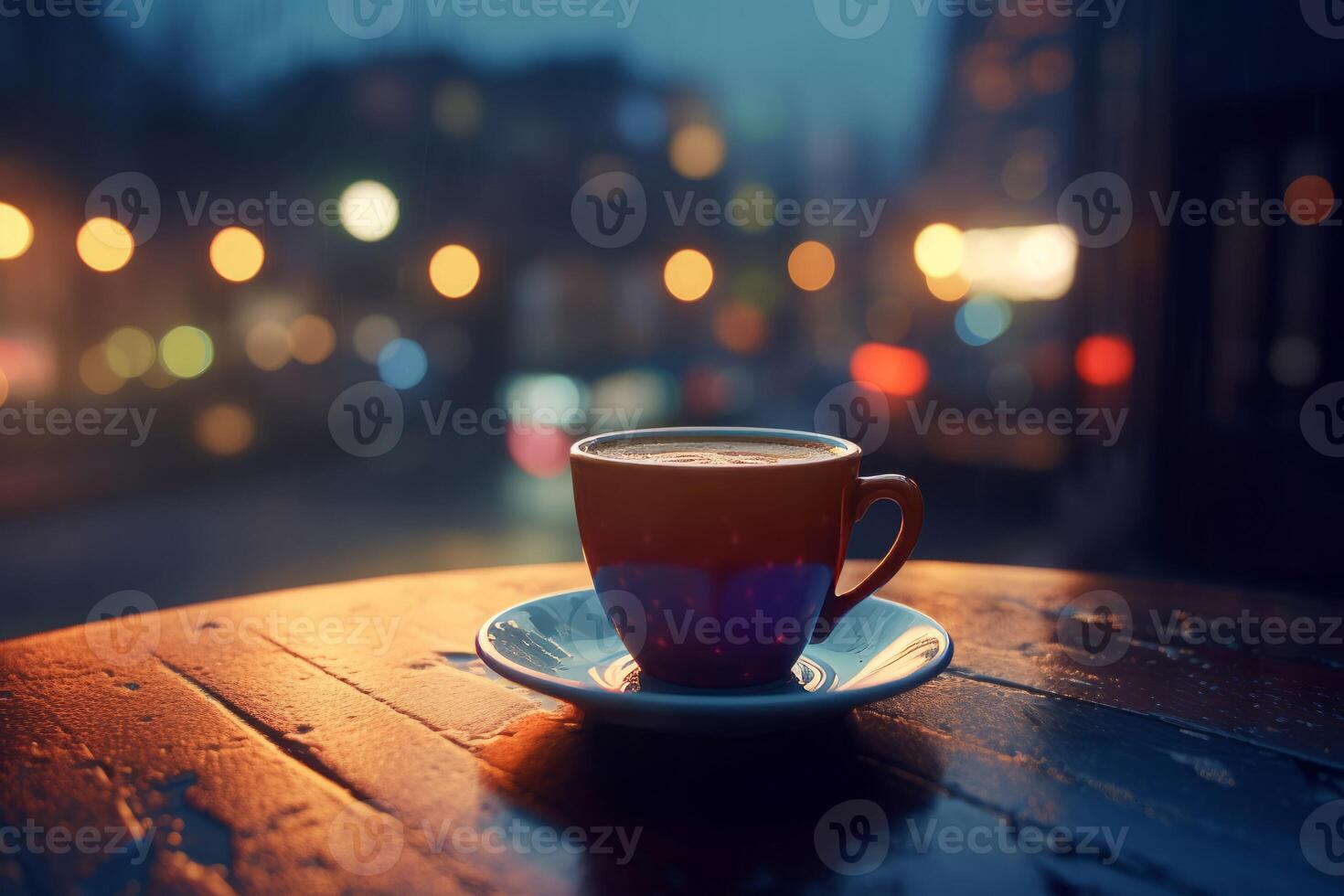 AI generated Coffee cup on table in nighttime street lights. Generate ai photo