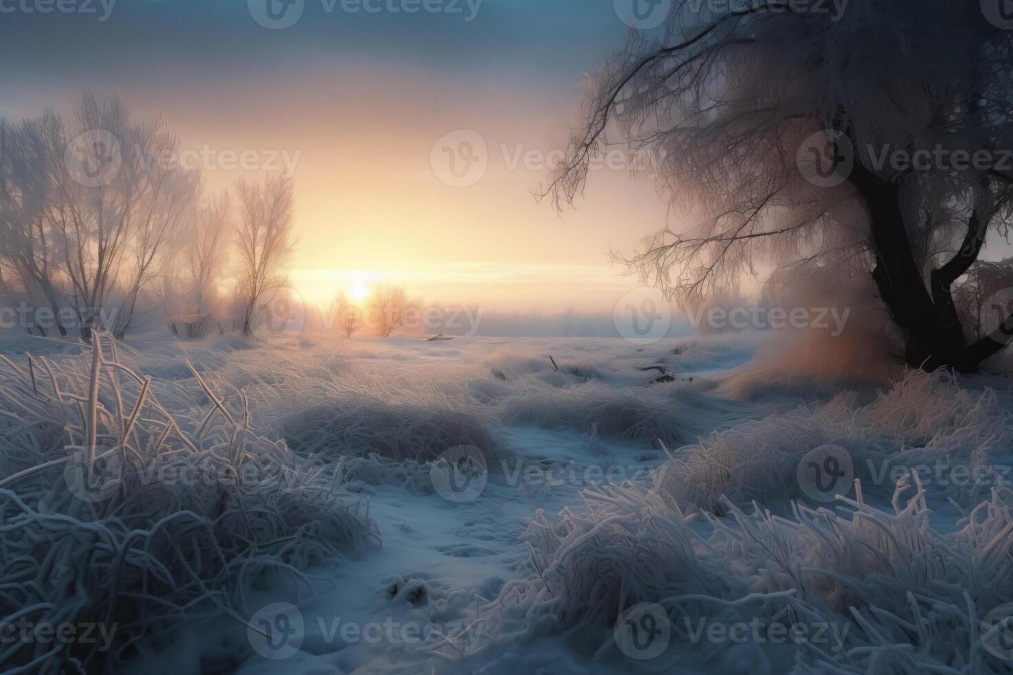 AI generated Frozen landscape dusk. Generate AI photo