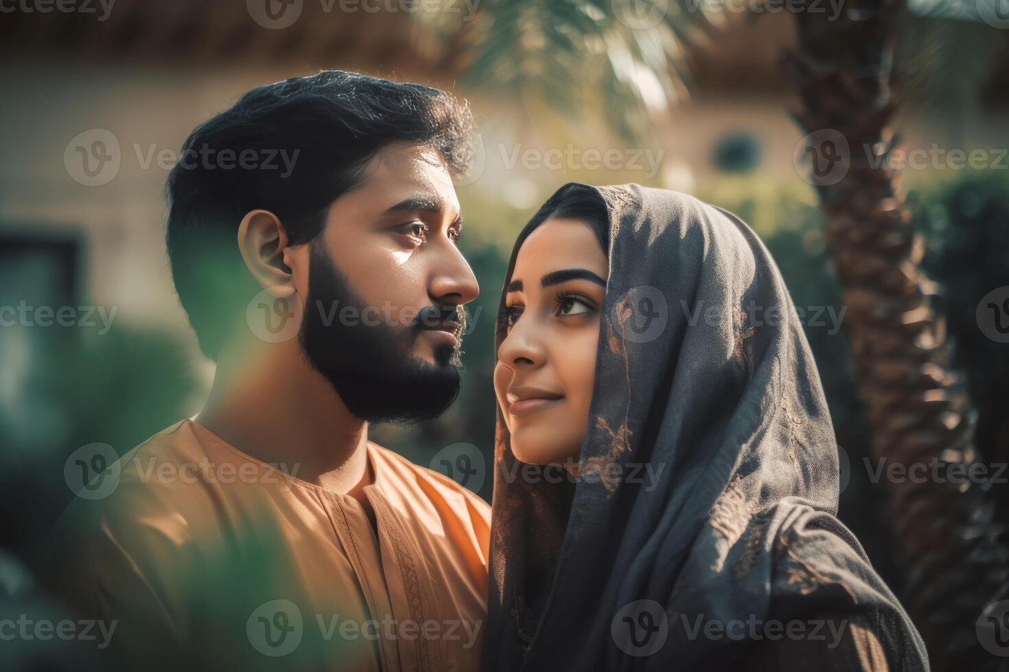 AI generated Happy Saudi couple hugging in greenery garden. Generate ai photo