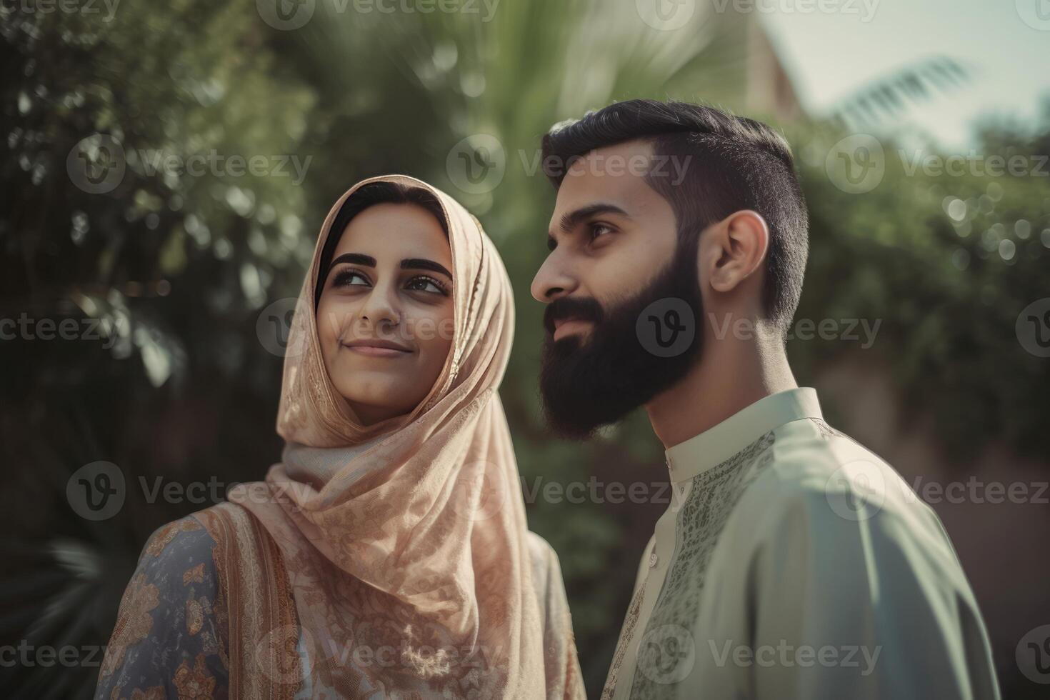 AI generated Happy young Saudi couple in green garden. Generate ai photo