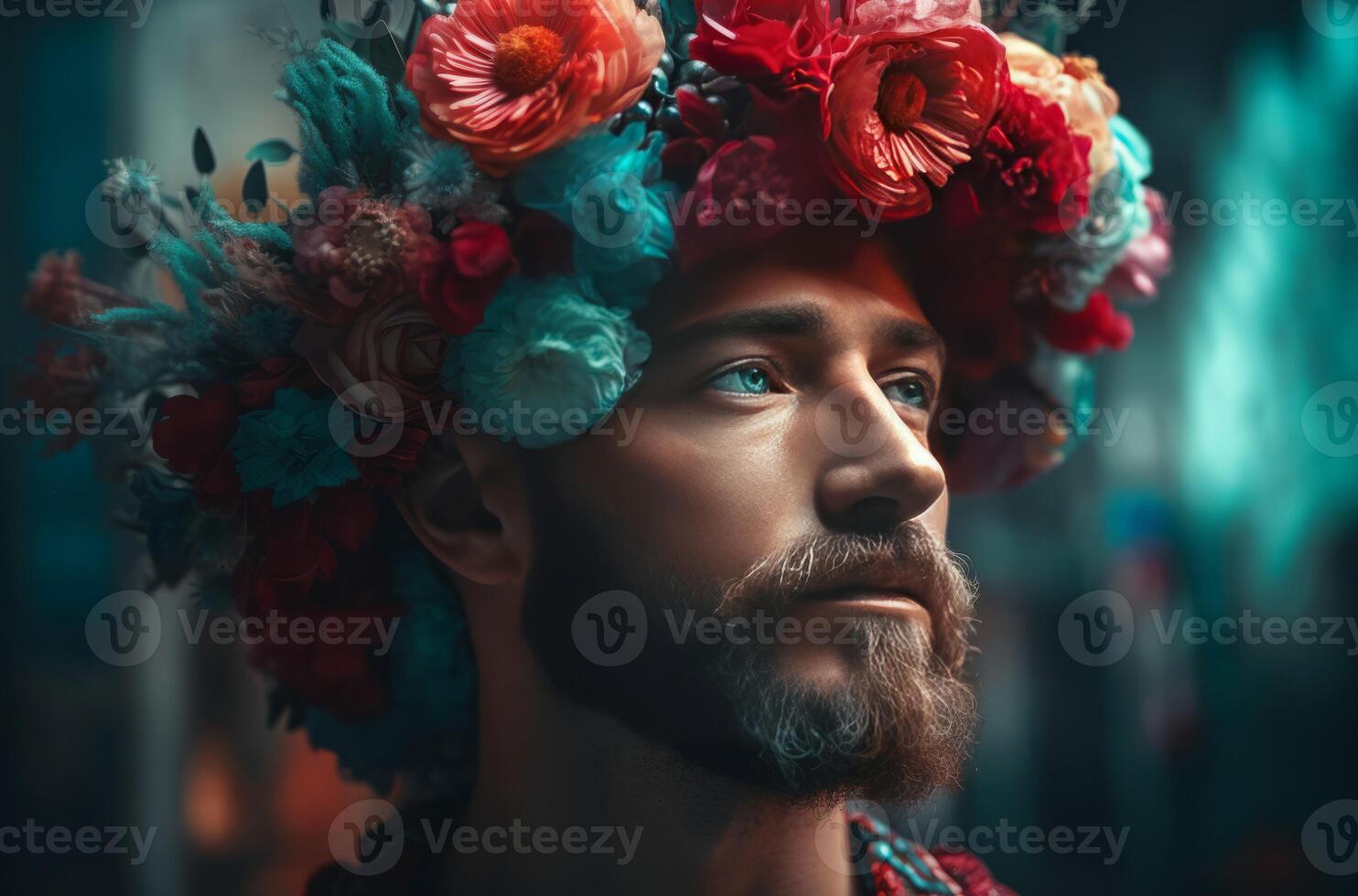 AI generated Man wearing flower crown. Generate ai photo