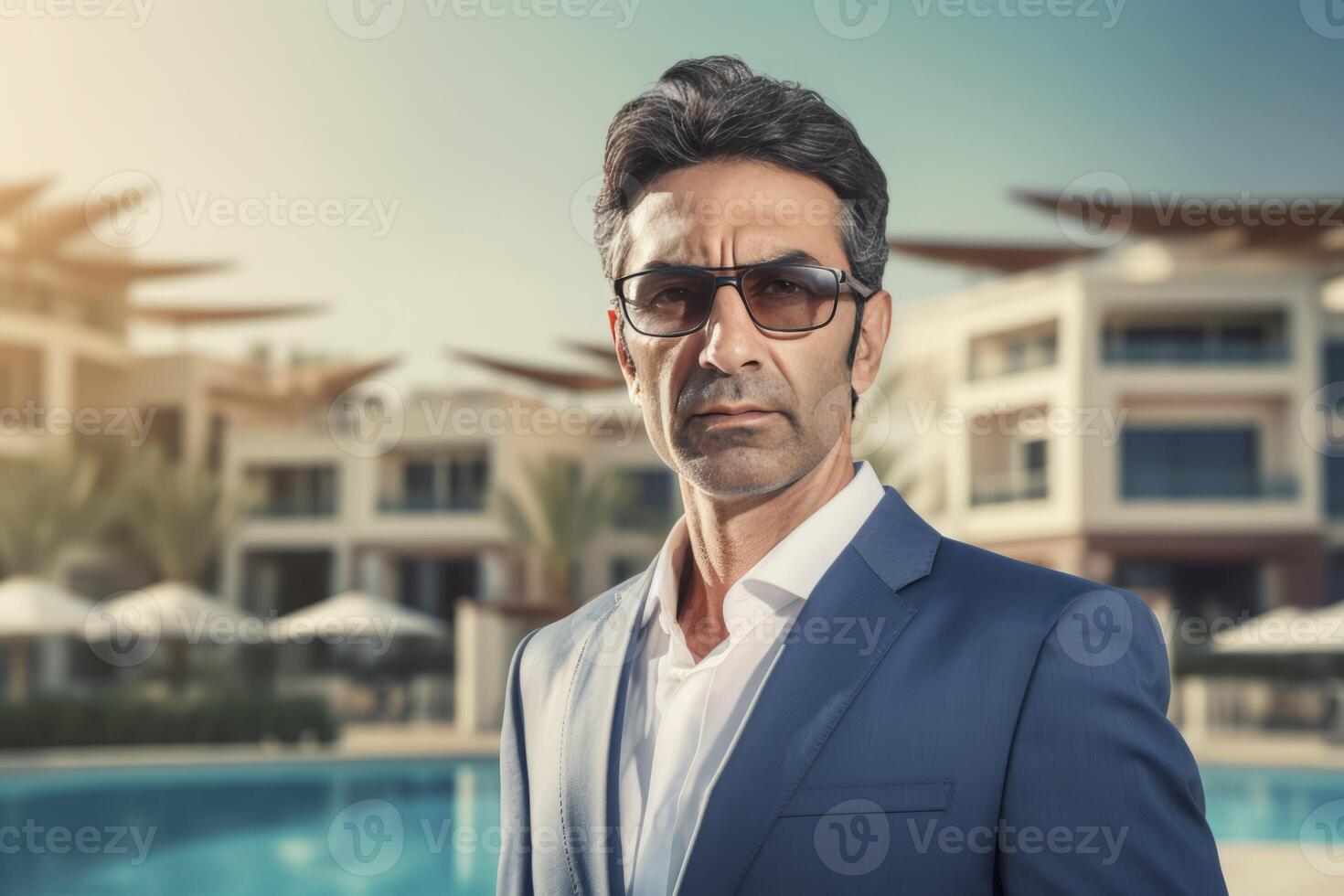 AI generated Confident real estate man on villa building. Generate ai photo