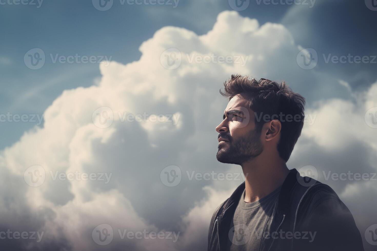 ai generado chico mirando lejos en blanco mullido nubes antecedentes. generar ai foto