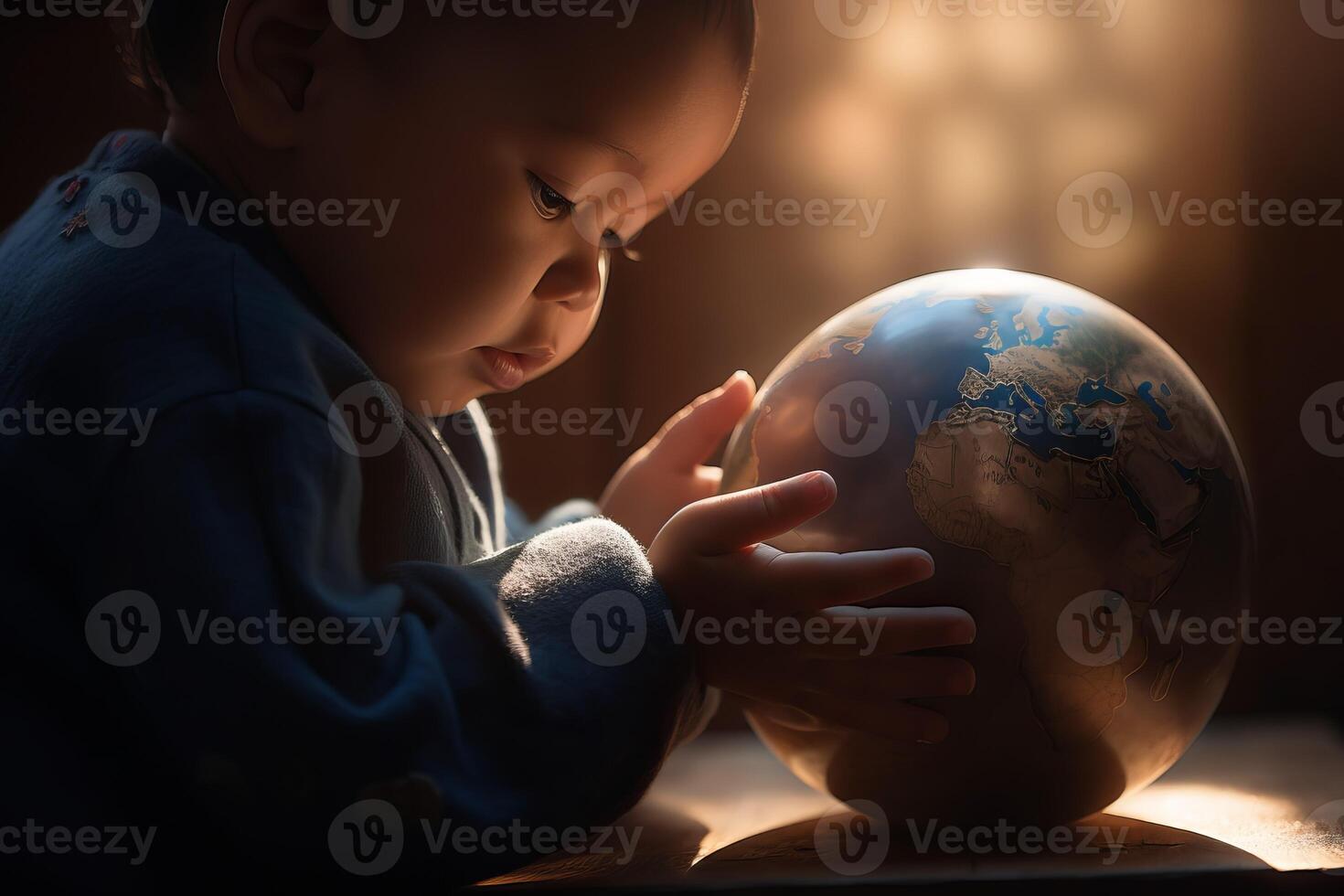AI generated Heartwarming scene child hands planet. Generate AI photo