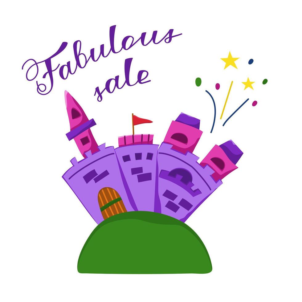 Color vector illustration of a fabulous sale. Image of a fairy tale castle.