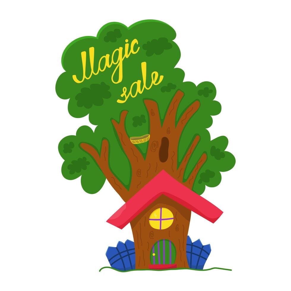 Color vector illustration of a magic sale. Image of a fabulous tree with a house. Postcard with an inscription about discounts. Inscription with an advertisement