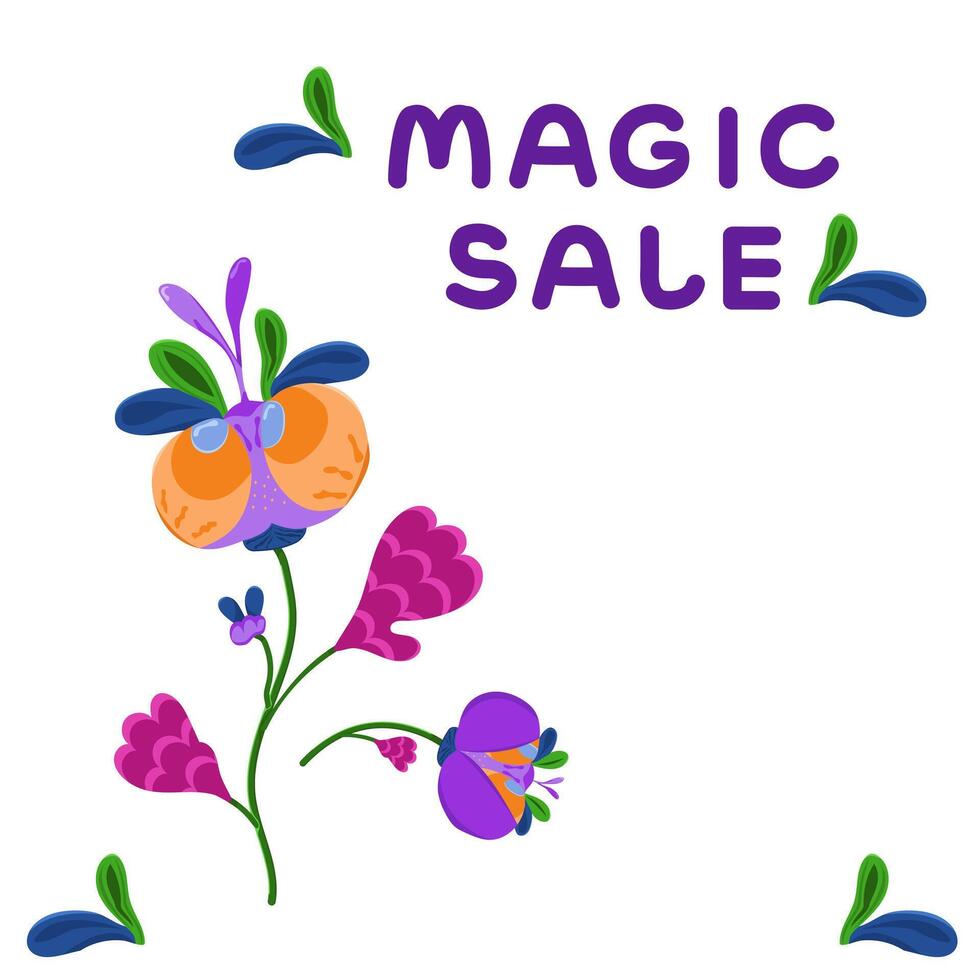 Color illustration of discounts with fantastic colors. Set of fabulous alien plants on a white background. vector
