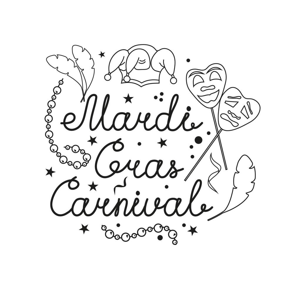 Vector lettering for the Mardi Gras carnival in the doodle style. Mardi Gras party design on a white background.