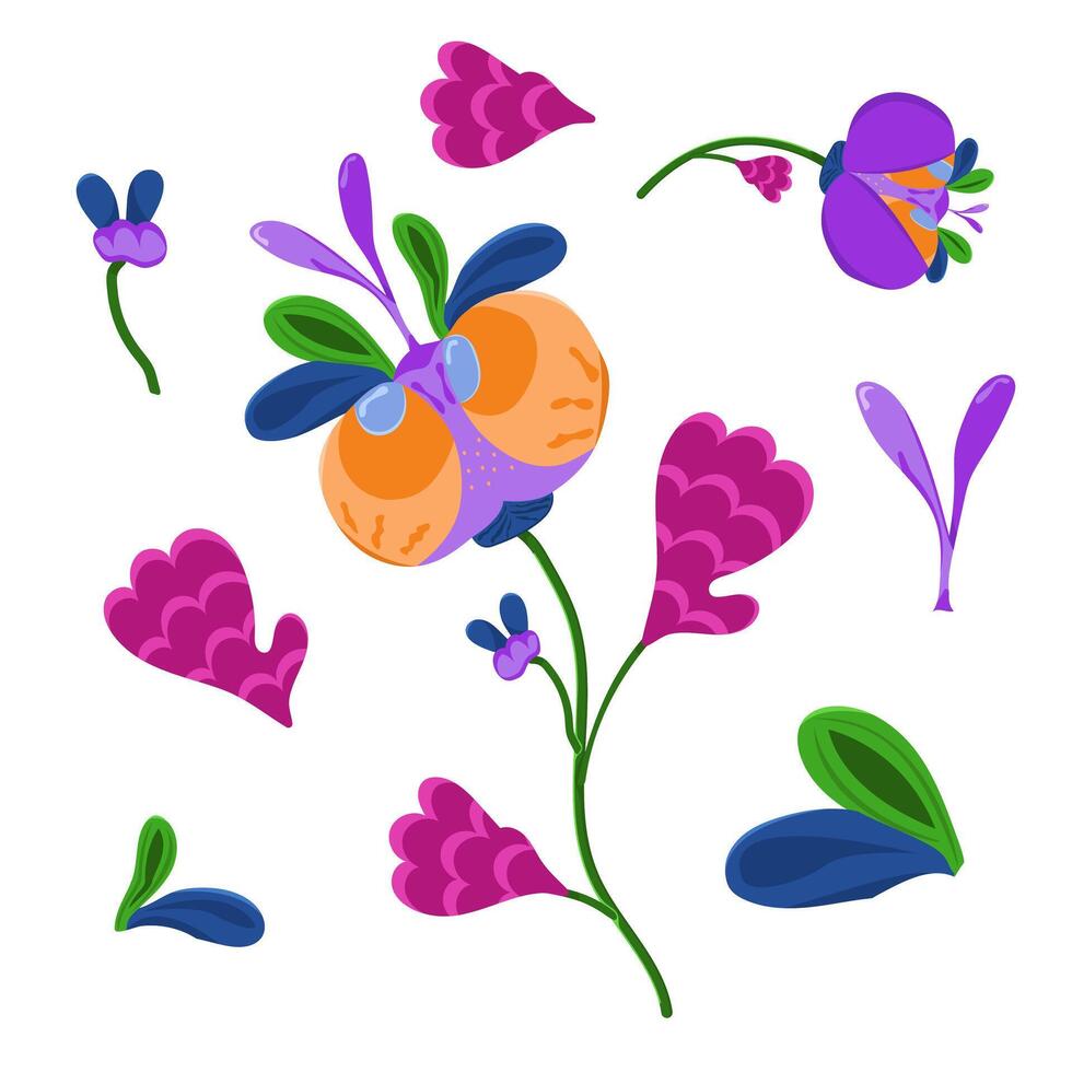 Color illustration of fantastic colors. Set of fabulous alien plants on a white background. vector