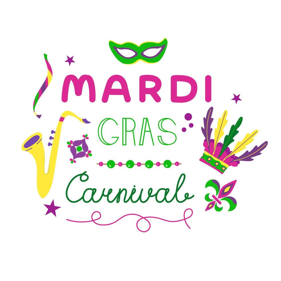 Vector color lettering for Mardi Gras carnival.Mardi gras party design. Collection of french traditional mardi gras symbols.