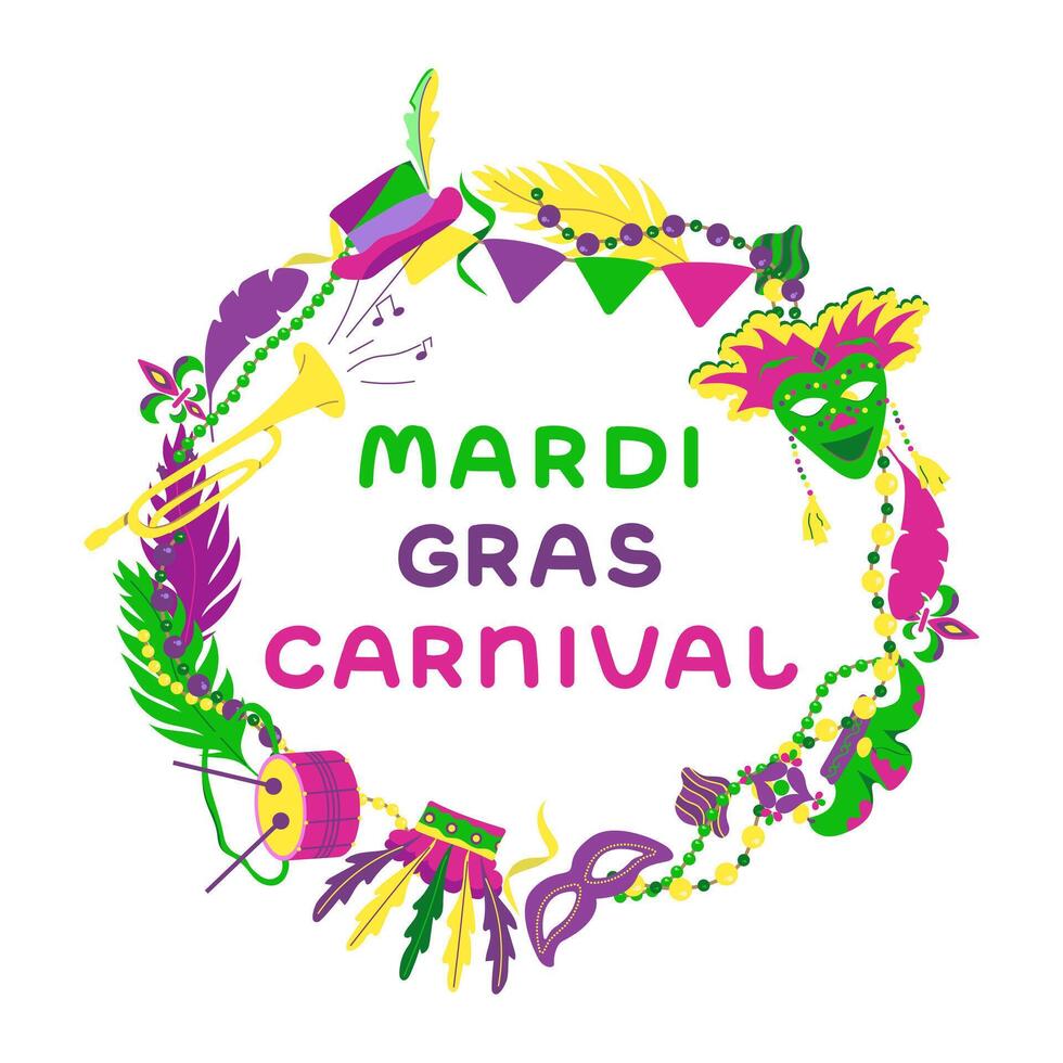 Vector color lettering for Mardi Gras carnival.Mardi gras party design. Collection of french traditional mardi gras symbols.