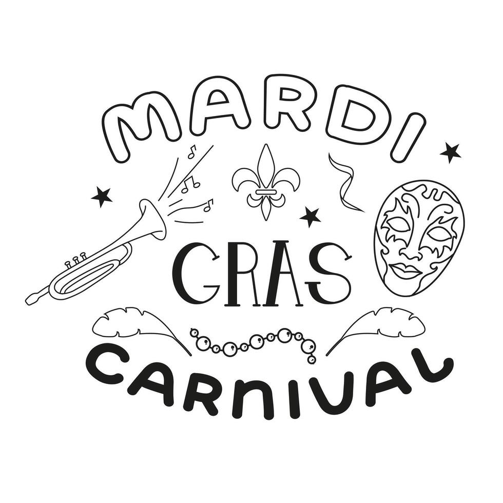 Vector lettering for the Mardi Gras carnival in the doodle style. Mardi Gras party design on a white background.