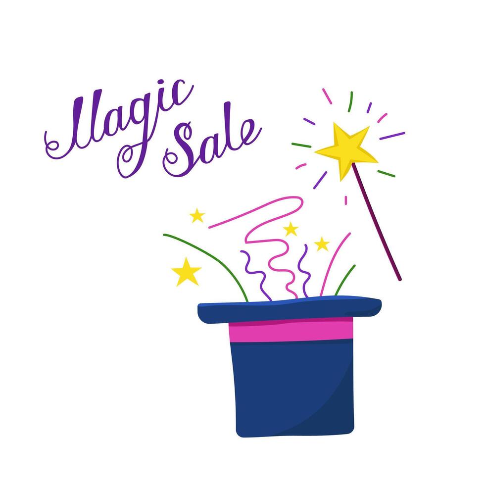 Color vector illustration of a magic sale. Image of a magician's hat with a magic wand.