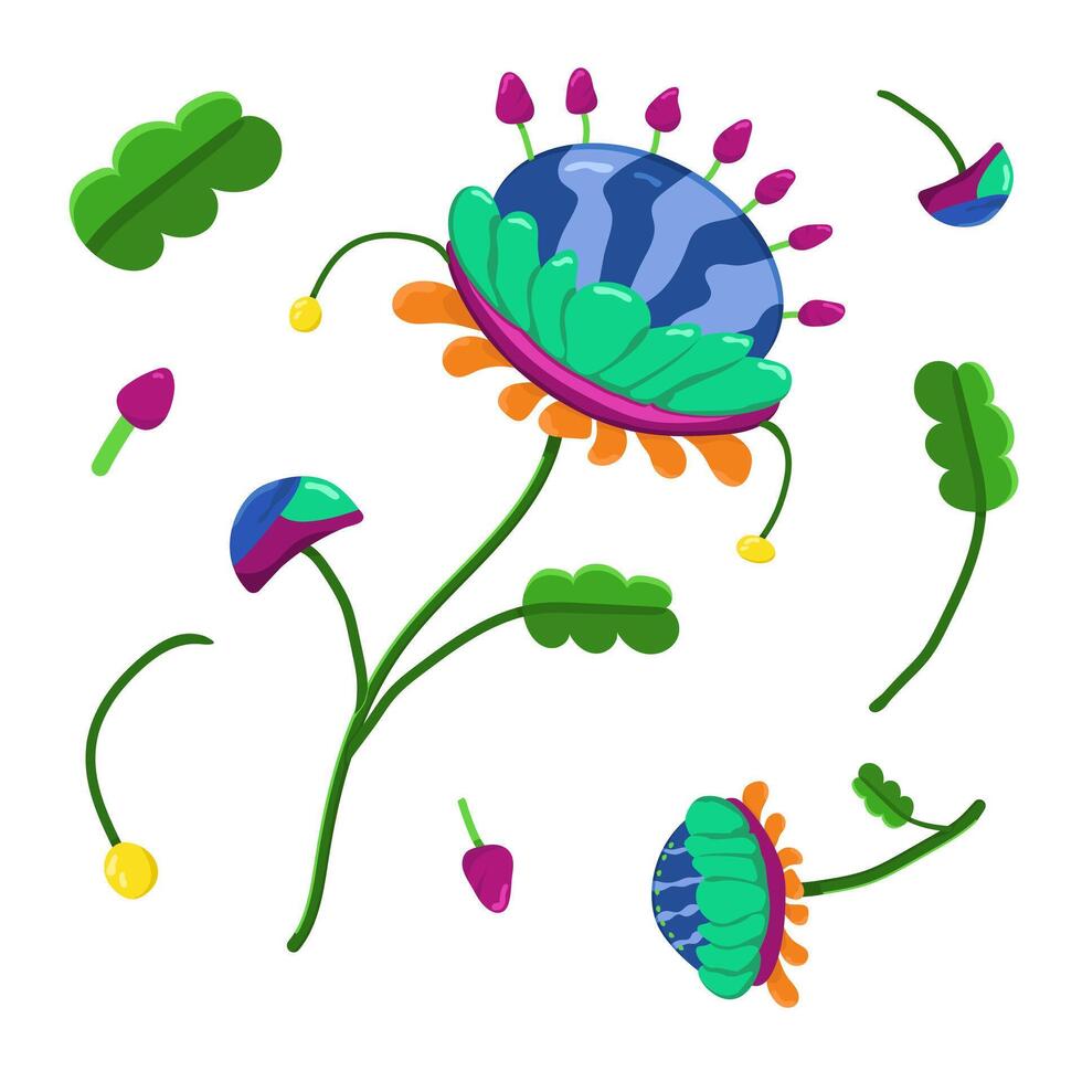 Color illustration of fantastic colors. Set of fabulous alien plants on a white background. vector