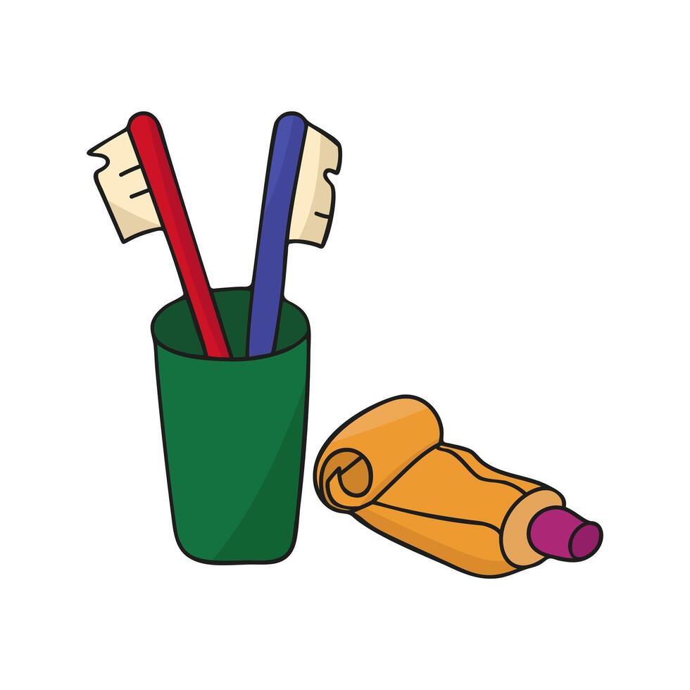 Color vector image of toothbrushes and toothpaste.