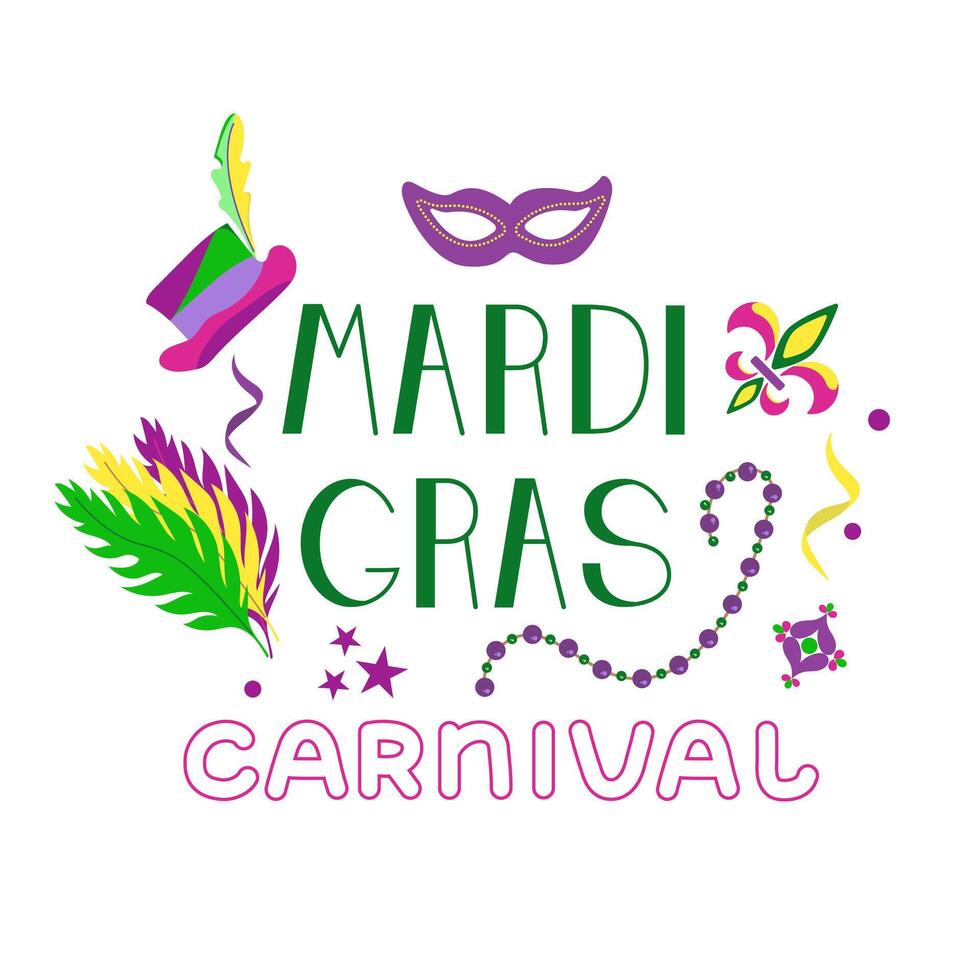 Vector color lettering for Mardi Gras carnival.Mardi gras party design. Collection of french traditional mardi gras symbols.