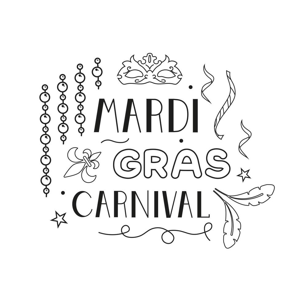 Vector lettering for the Mardi Gras carnival in the doodle style. Mardi Gras party design on a white background.