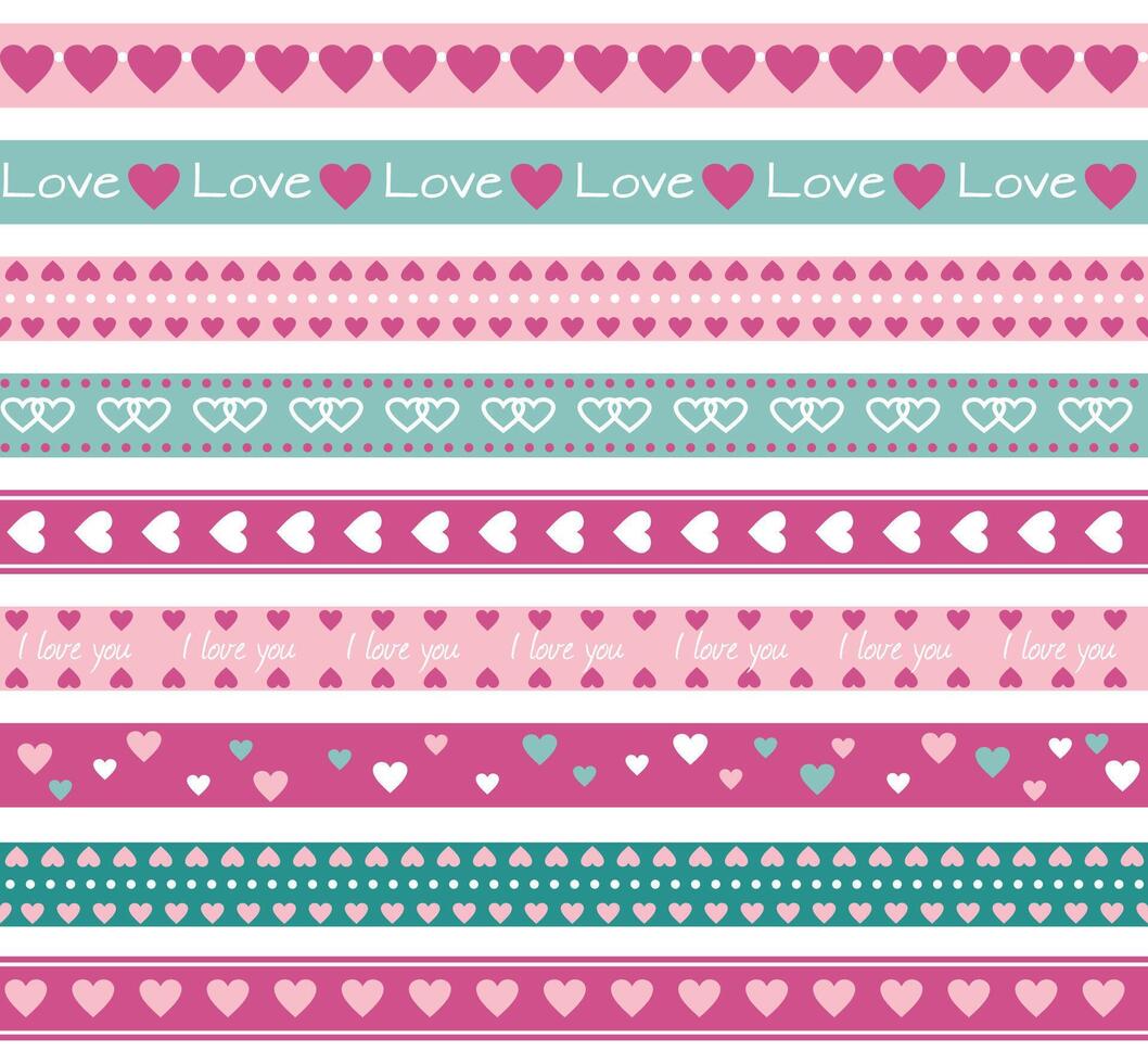 Vector set of seamless funny borders with hearts