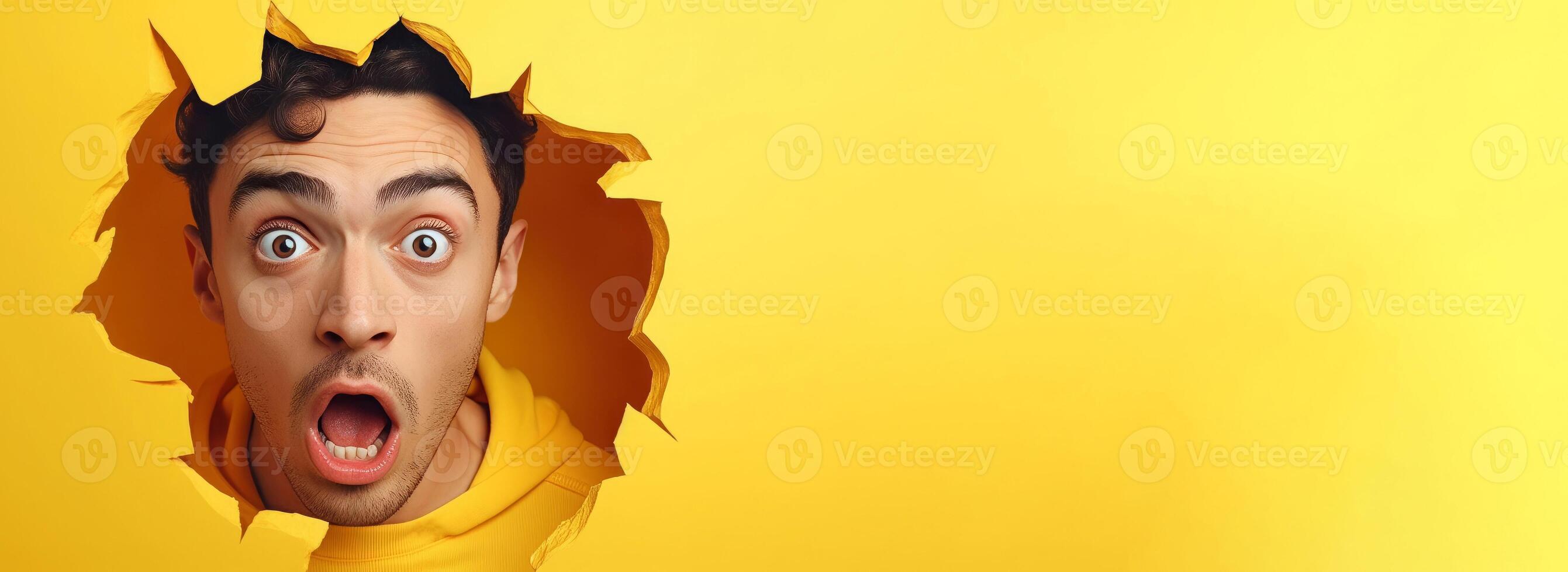 AI generated Astonished shocked man looking in yellow wall hole banner. Generate ai photo