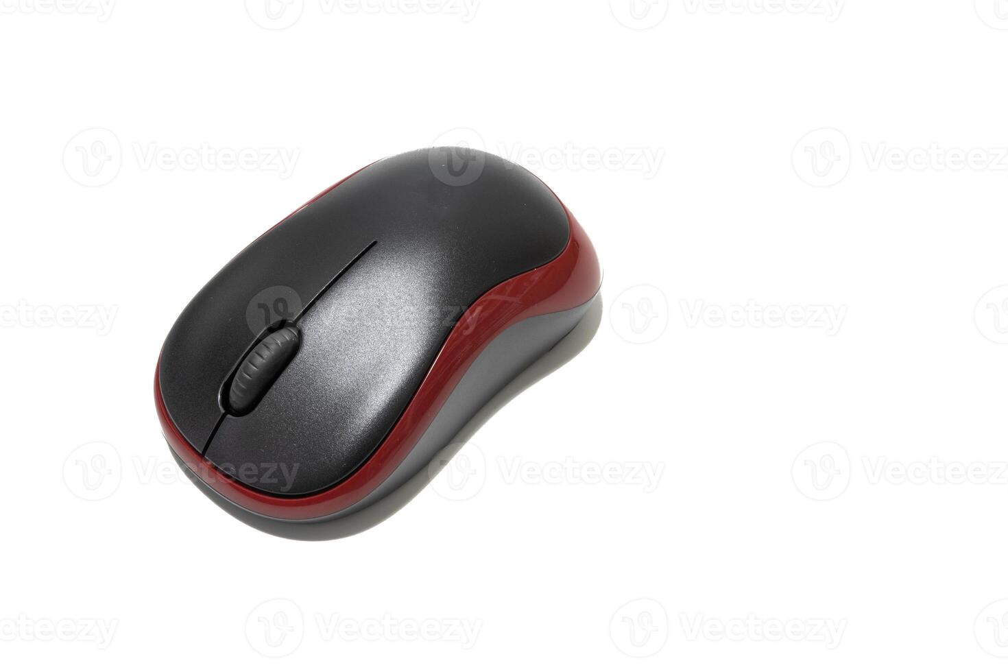 Wireless black and red computer mouse isolated on white background. Clipping path included. photo