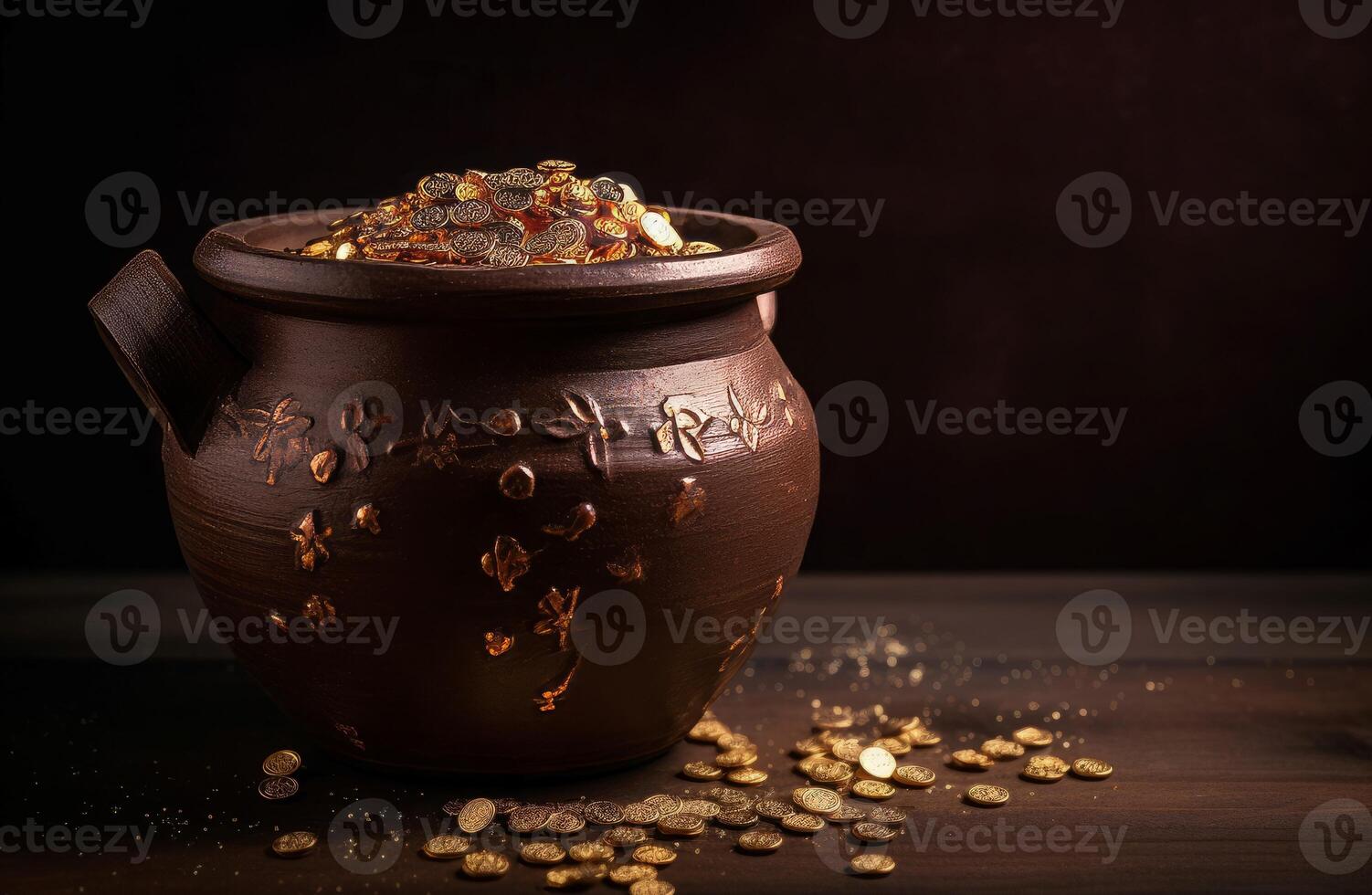 AI generated Brown pottery vase full of gleaming gold coins. Generate ai photo