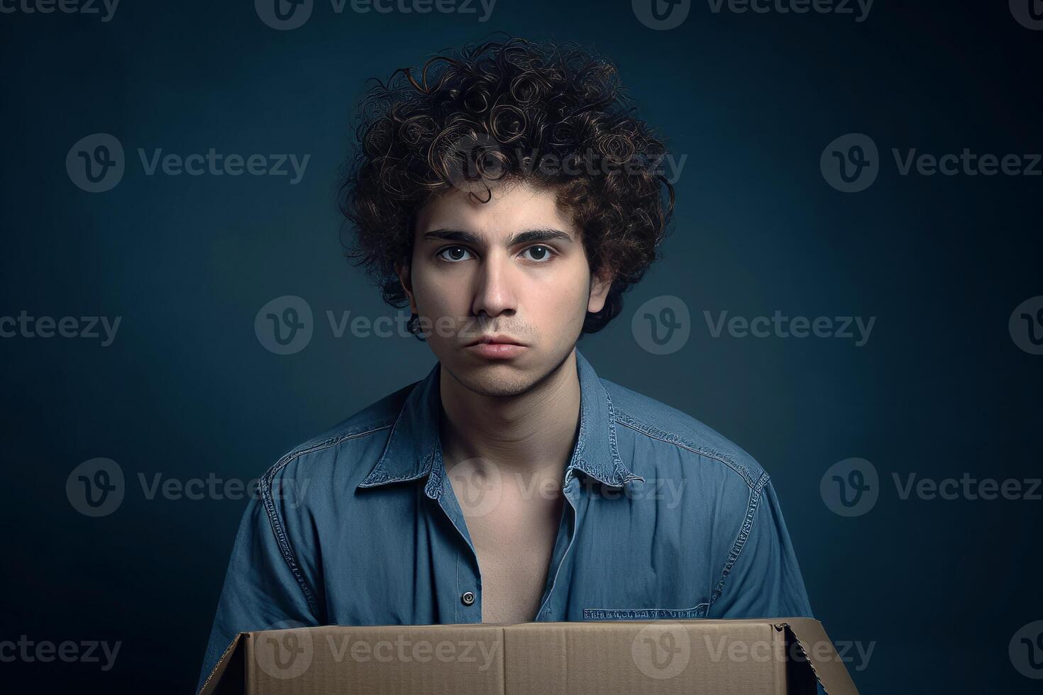 AI generated Curly haired disappointed model man with cardboard. Generate ai photo