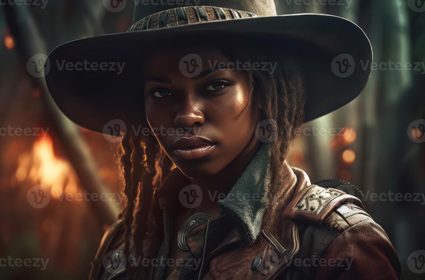 AI generated Beautiful confident African cowgirl portrait. Generate ai photo