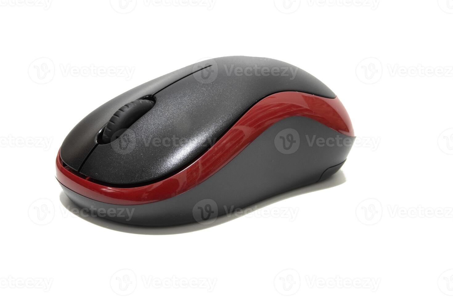 Wireless black and red computer mouse isolated on white background. Clipping path included. photo