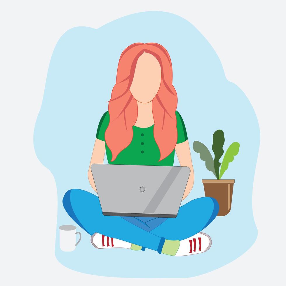 Girl with laptop. Freelance or studying concept.Woman surfing internate, using technology.flat vector illustration on white background.