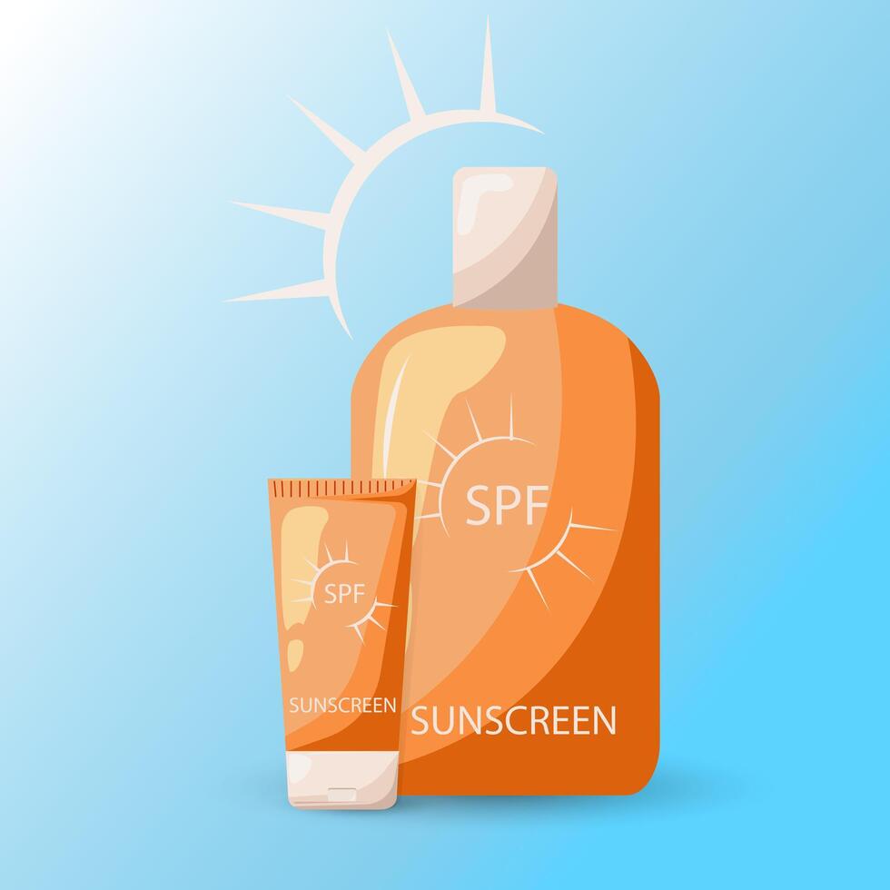Sunscreen Cream And Sunscreen Lotion Cartoon. Protection for the skin from solar ultraviolet light. Design elements for booklet, leaflet or sticker. Healthy sunbathing sunscreens vector
