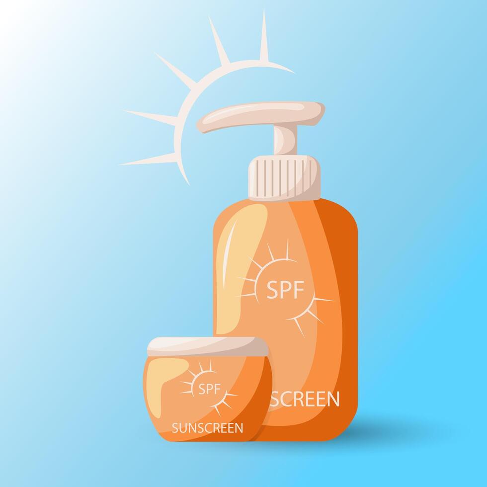 Sunscreen protection pun care cosmetics containers. Protection for the skin from solar ultraviolet light. Design elements for booklet, leaflet or sticker. Healthy sunbathing sunscreens vector