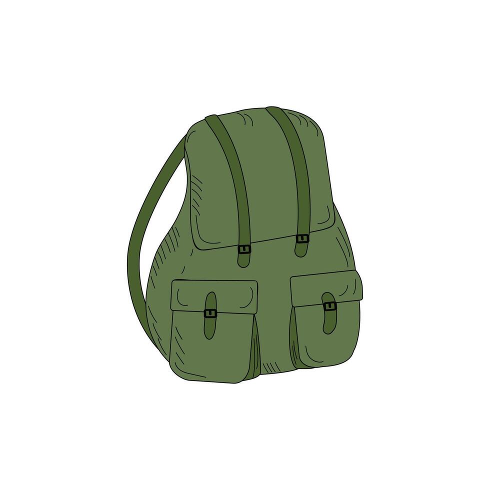 Camping Backpack. Military style. Doodle drawings. Flat vector illustration for travel, hiking, tourism, vacation. White isolated background.