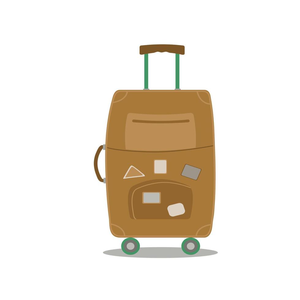 Tourism, recreation. Suitcase with handle, wheels and retractable handle for travel and business trips. Traveler, tourist luggage. Flat vector illustration on white isolated background.