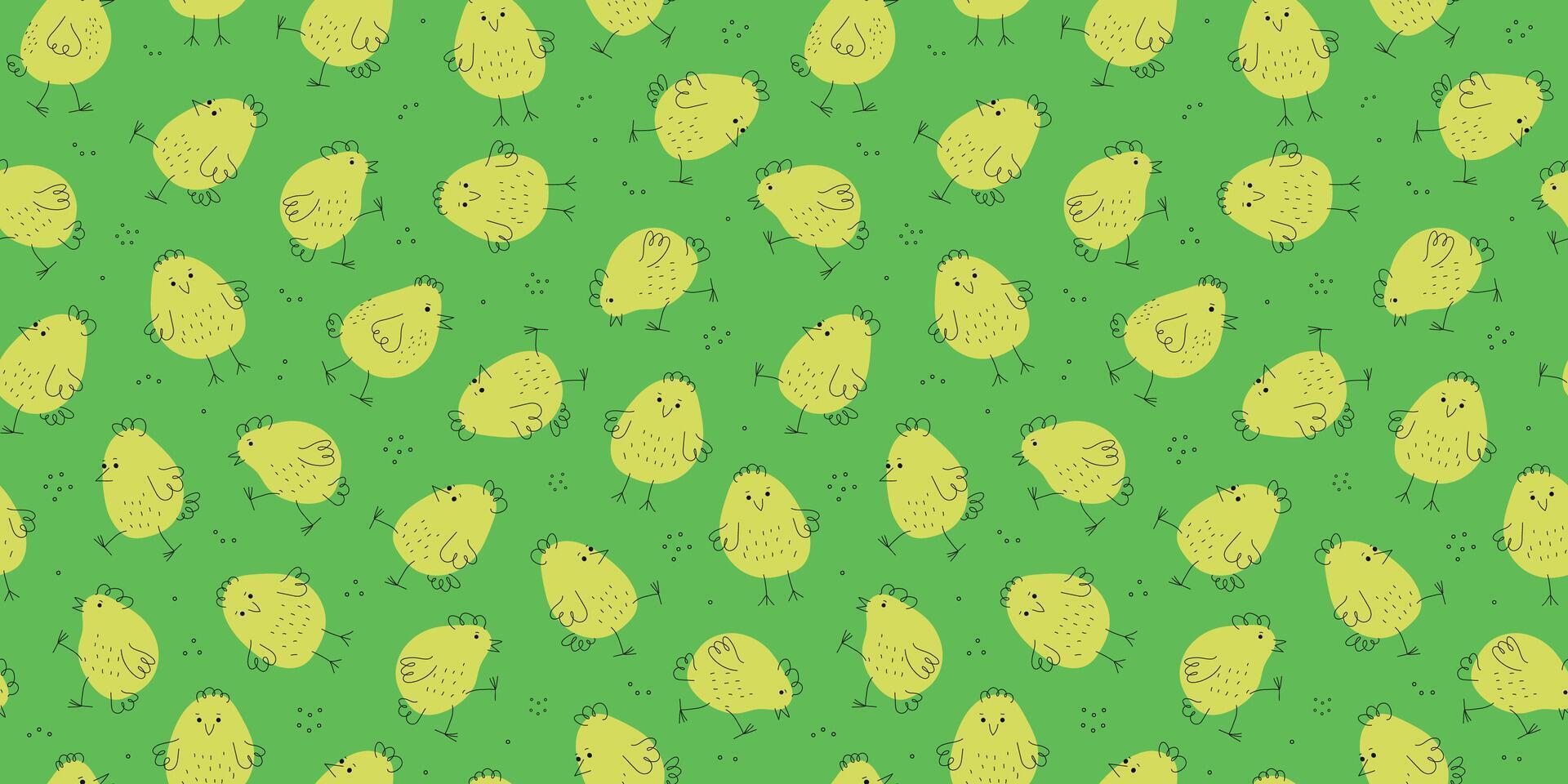 Pattern funny chickens. Hand drawn linear icons. Easter design. Cartoon funny chick. Animals, Doodle style. Domestic bird. Seamless background. Vector illustration.