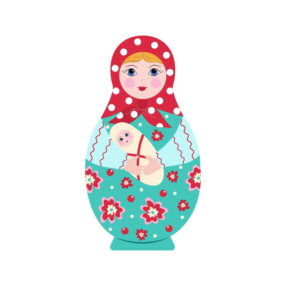 Wooden Matryoshka doll with a child in her arms. Painted doll. Mother and child. Family, motherhood concept. Russian traditional toy, souvenir. Vector illustration, background isolated.