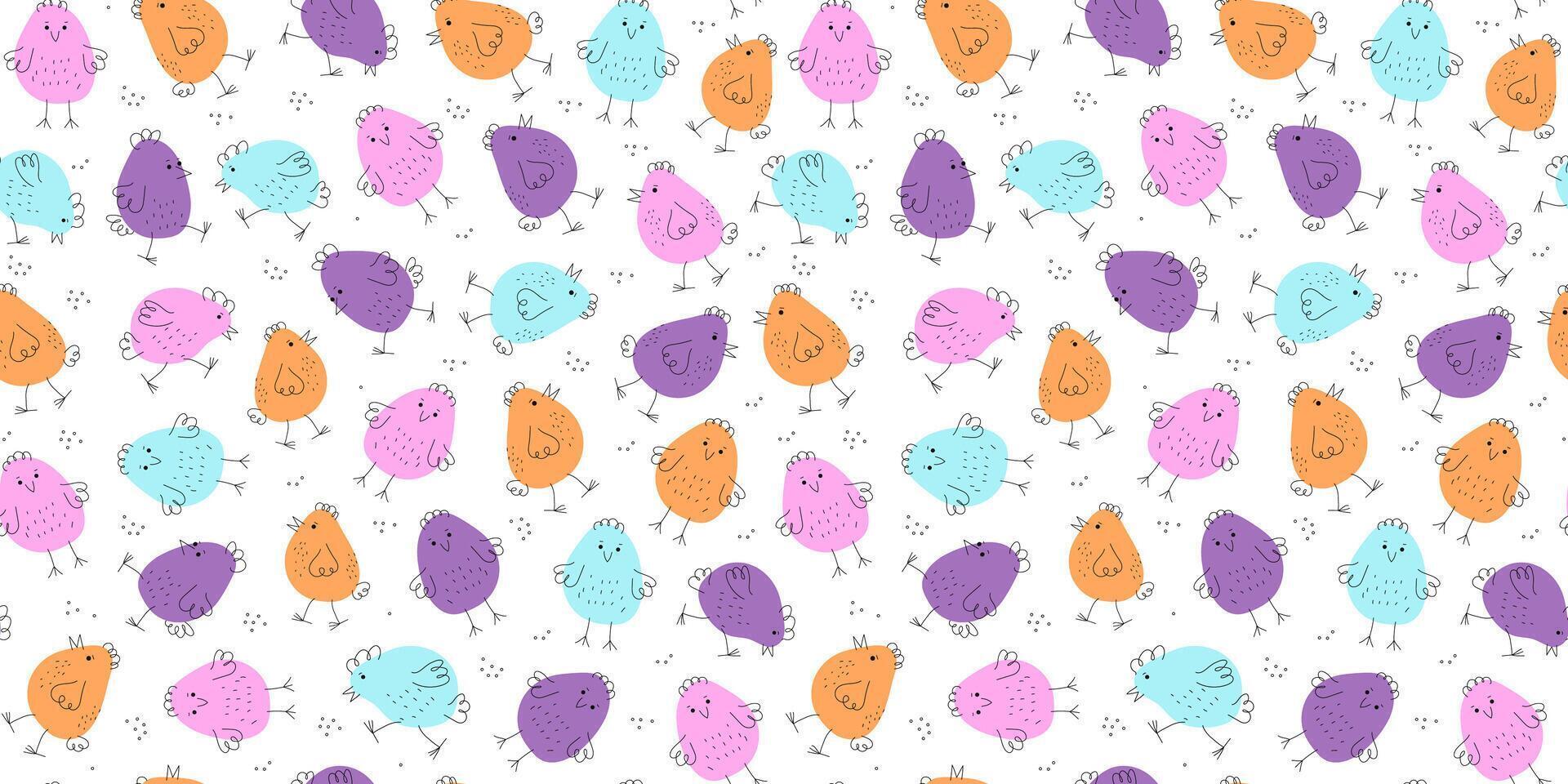 Cartoon funny chicks, colorful chicks pattern. Hand drawn linear icons. Easter design. Animals, doodle style. Domestic bird. Vector illustration. Seamless background.