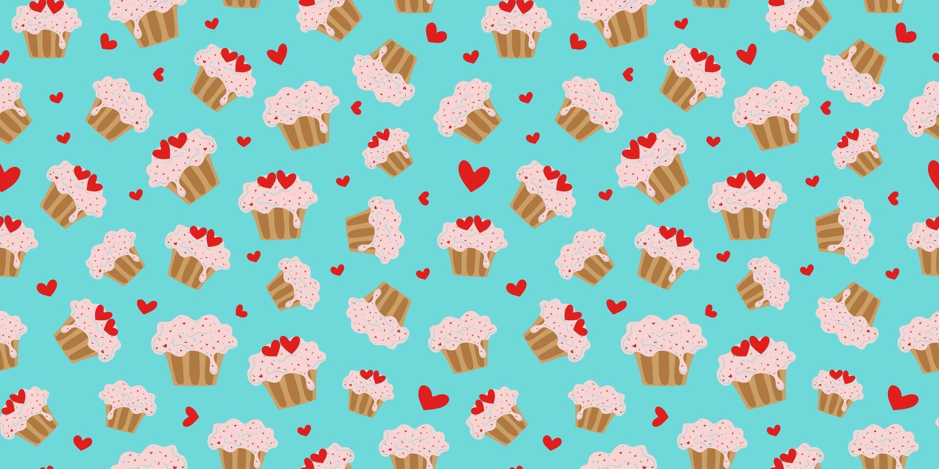 Pattern Cake and hearts, doodle style. Confectionery, baked goods. Delicate cream cake. Valentine's day, wedding, decor. Packaging design, wallpaper. Vector background.