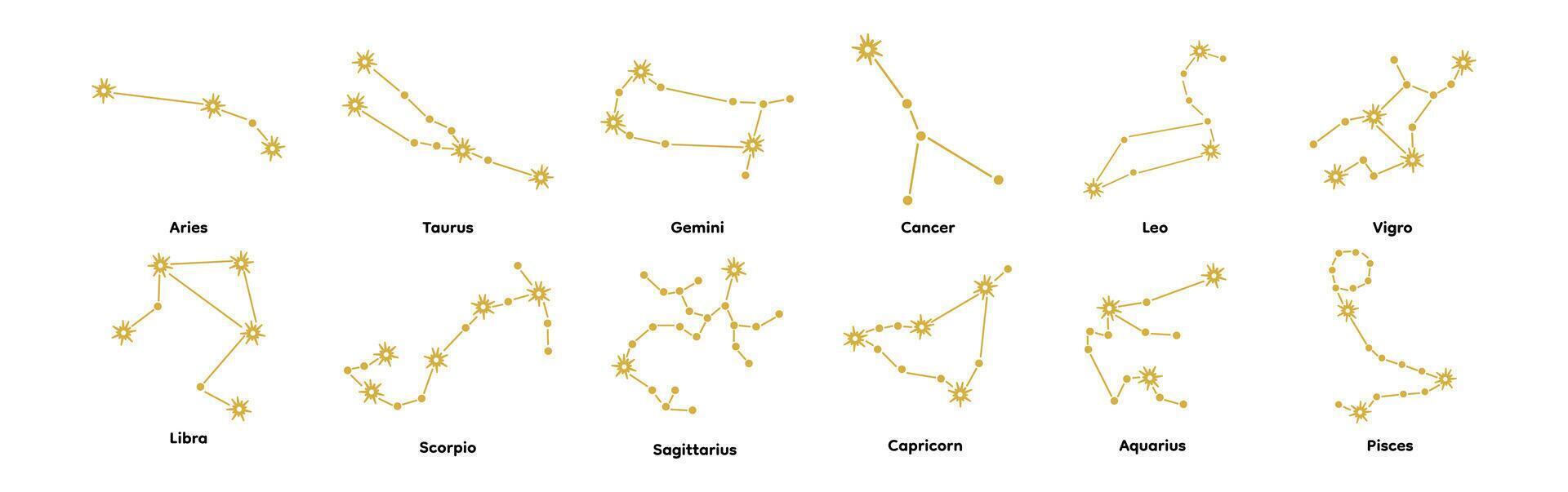 Set of constellation vector illustration. Aries, Taurus, Gemini, Cancer, Leo, Virgo, Libra, Scorpio, Sagittarius,  Capricorn, Aquarius, Pisces.