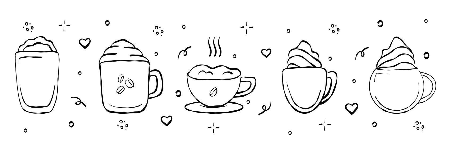 Hand drawn set of different types coffee beverage. Doodle vector illustrations isolated on white background. Espresso, americano, cappuccino, latte.